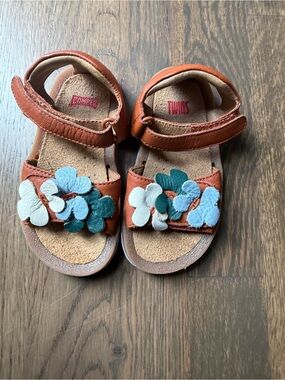 Camper Kids Leather Sandals in Brown with Blue & Green Flower Accents